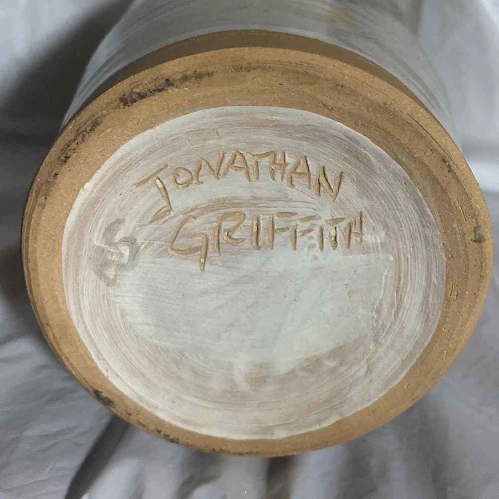Jonathan Griffith Signed Terracotta Vase with Hues of Yellow and Grey